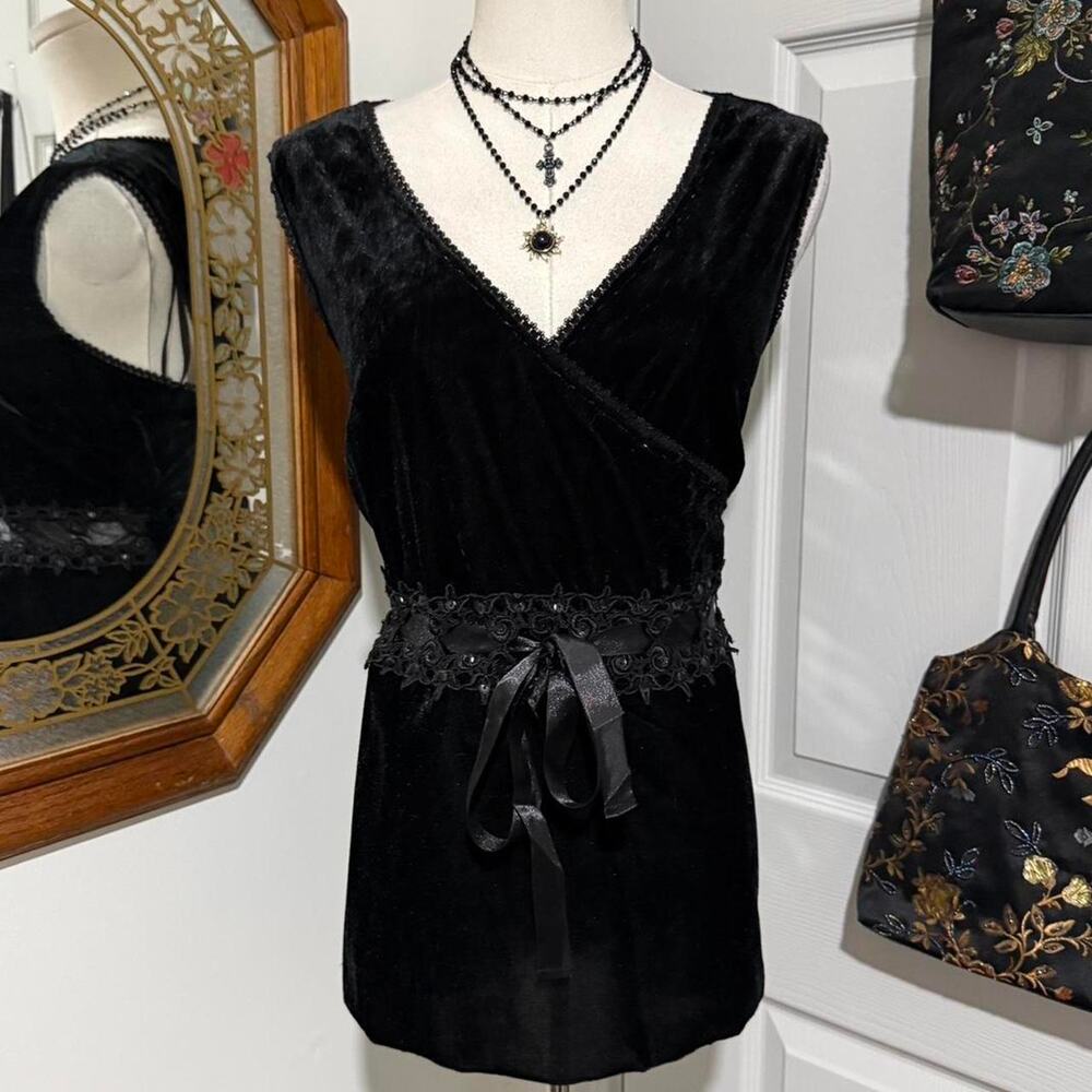 Venezia Black Velvet Lace Trim Floral Embroidered Beaded Gothic Witchy Top